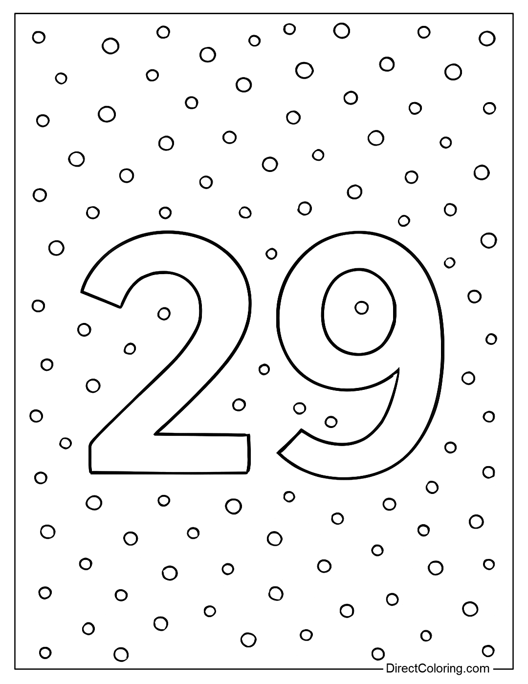 Number 29 Coloring Page with small snowflakes falling around the winter sky
